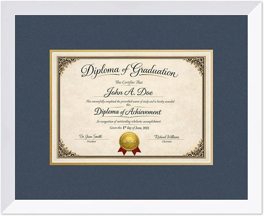 Diploma Frame Bright White with Navy Blue Over Gold Double Mat - Fits 11.69 x 8.27 A4 Certificate Wall Display Made in the USA