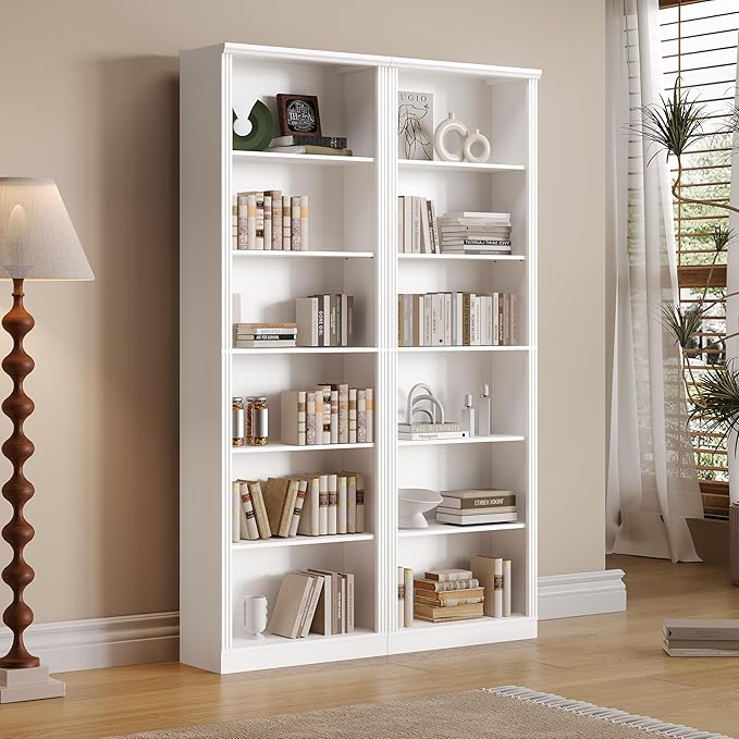 Tall Bookshelf, 6-Tier Bookcase with 2 Adjustable Shelves, Modern Farmhouse Storage for Living Room, Entryway, Office, 23.6" W x 74.8" H x 10.6" D, White