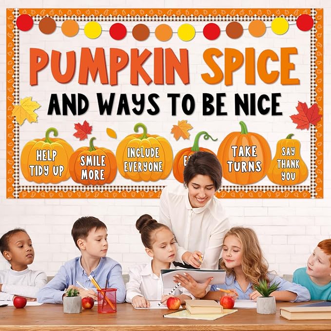 gisgfim Thanksgiving Pumpkin Bulletin Board Decorations Fall Classroom Pumpkin Spice and Ways to Be Nice Paper Cutouts Autumn Bulletin Board Set DIY Craft for School Office Wall Door Decor Supplies
