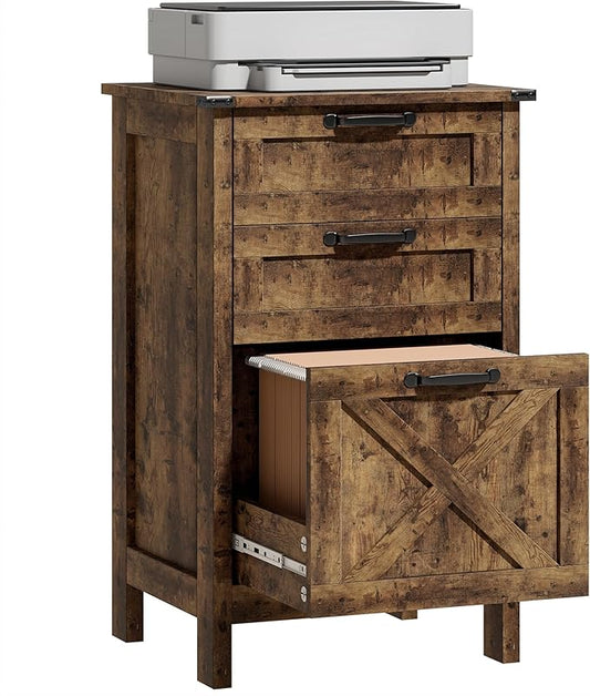HOMCOM 3 Drawer File Cabinet with Silent Slides, Vertical Filing Cabinet for Hanging A4/Letter Size, Rustic Farmhouse Printer Stand with Storage for Home Office, Rustic Brown