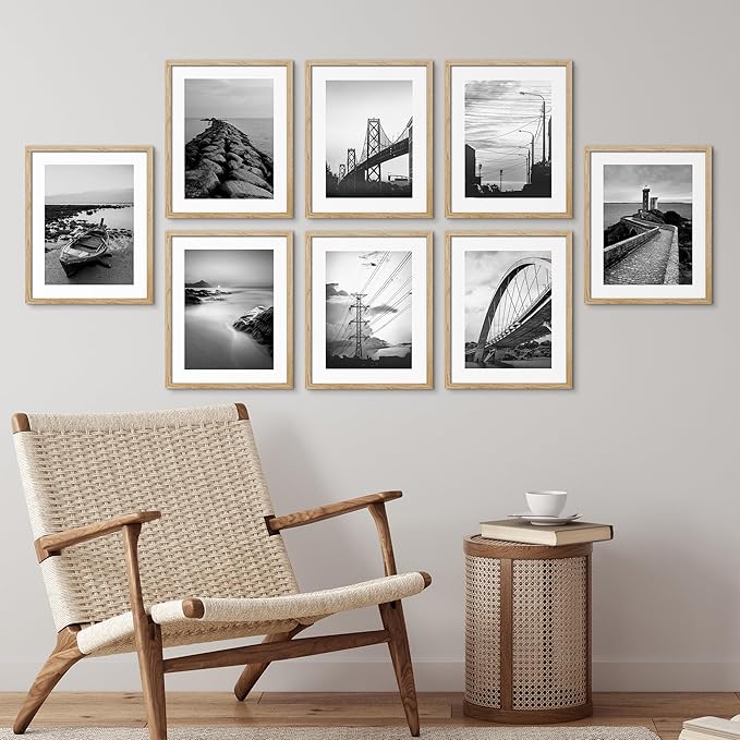 SIGNWIN Framed Poster Wall Art Set of Black & White Ocean Beach Seascape Nature Wilderness for Living Room, Bedroom, Office - 8"x10"x 8 Natural