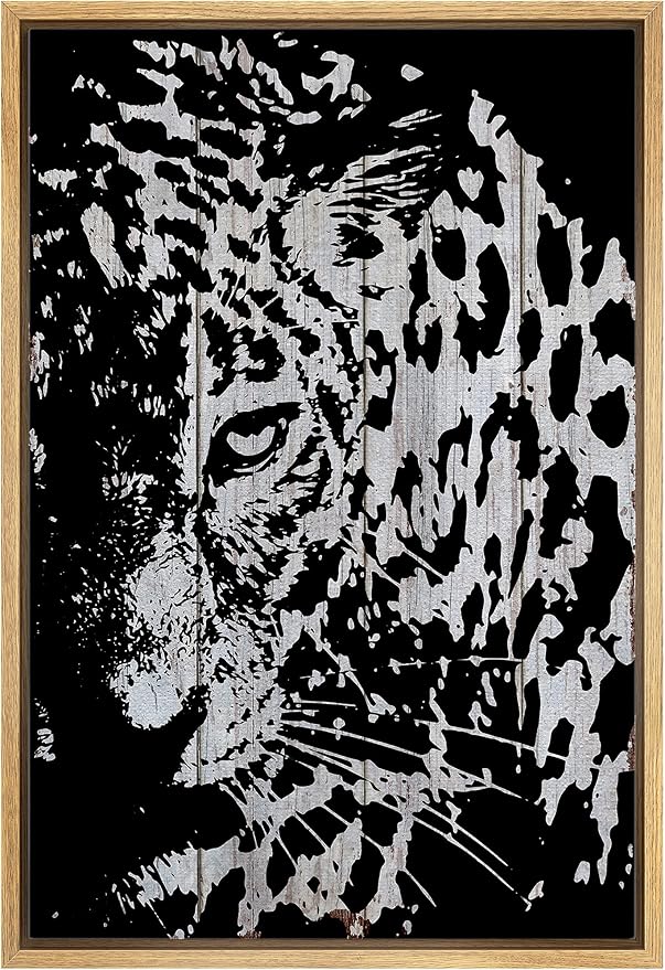 IDEA4WALL Framed Canvas Print Wall Art Grayscale Spotted Leopard on Light Wood Panels Animals WildLife Illustrations Modern Art Tropical Portrait for Living Room, Bedroom, Office - 16"x24" NATURAL