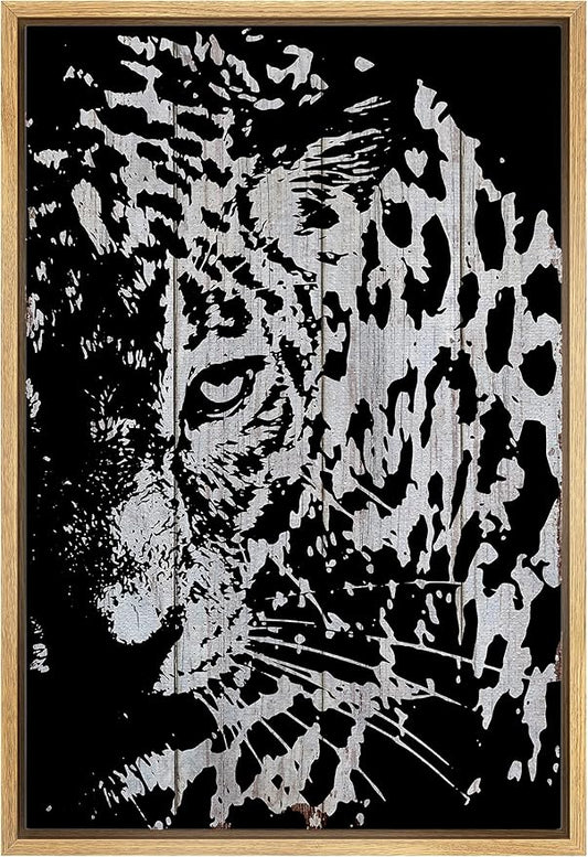 IDEA4WALL Framed Canvas Print Wall Art Grayscale Spotted Leopard on Light Wood Panels Animals WildLife Illustrations Modern Art Tropical Portrait for Living Room, Bedroom, Office - 16"x24" NATURAL