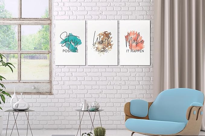 SHMAO Office Canvas Wall Art Motivational Wall Decor, 3 Piece Stay Work Make Print Pictures for Office Wall Decor Women Inspirational Framed Artwork Home Office Decor 12”x18”x3 Panels