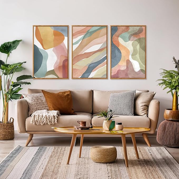 CHDITB Colorful Abstract Vibrant Pastel Framed Canvas Wall Art (24"x36"), 3 Panels Muticolor Modern Shape Block Groovy Artwork, Large Watercolor Minimalist Green Blue Yellow Aesthetic Art Decor Paintings for Bedroom Living Room Office