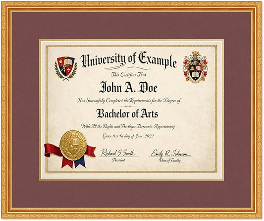 CountryArtHouse Diploma Frame Fits 17 x 13 International Diploma - Keepsake Graduation Display Museum Gold Genuine Hardwood with Dark Red Over Metallic Gold Double mat