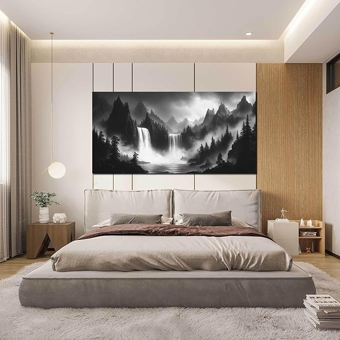 Waterfall Living Room Pictures Wall Decor - Black and White Mountain Wall Art for Bedroom - Large Canvas Wall Art for Office Size 29" x 59"
