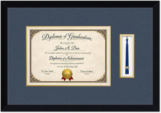 Diploma Frame with Tassel Holder Matte Black Shadowbox Navy Blue Over Gold Mat - Fits 11.69 x 8.27 Degree Made in the USA