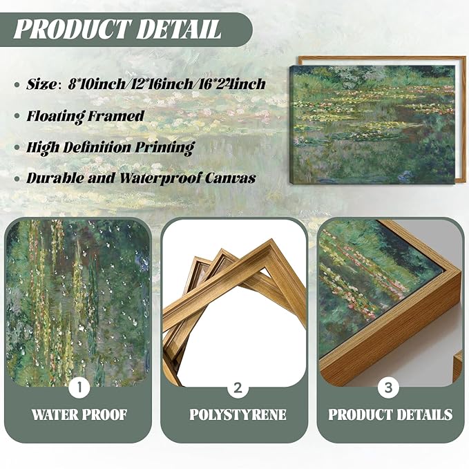 Framed Claude Monet Wall Art – Vintage Water Lilies Pond Painting Wall Decor, Impressionist Living Room Wall Art, Classic Aesthetic Canvas Prints for Bedroom Kitchen Bathroom – 12"x16"
