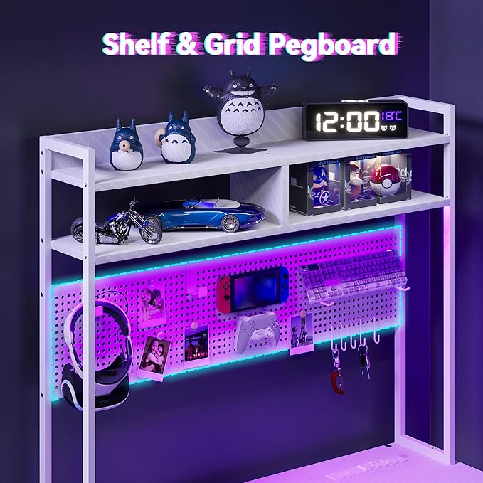 Apicizon L Shaped Gaming Desk 53", Reversible Corner Computer Desk with LED Lights, Carbon Fiber Surface, Pegboard with Hooks, Drawer & PC Tower Stand, USB Charging Port