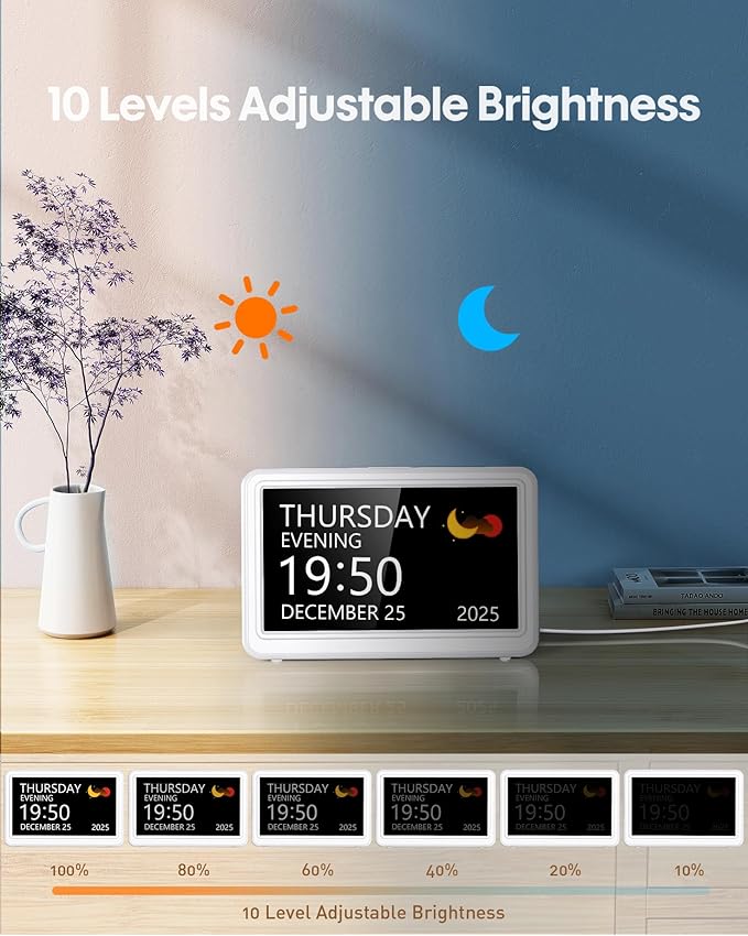 Digital Clock with Date and Week for Seniors, Alzheimer's Dementia Clock with 20 Alarms and 6 Medicine Reminders, Large Font Digital Calendar Alarm Clock for Vision Impaired, White (Ac Powered)