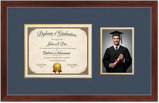 Diploma Frame With Photo Opening Rustic Walnut Navy Blue Over Gold Mat - Fits 10 x 8 Degree and Picture Made in the USA
