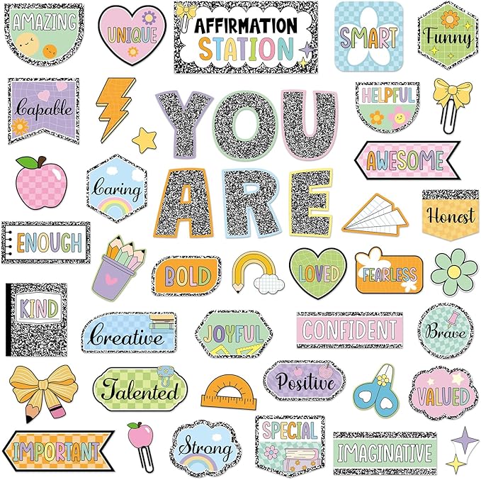 45pcs Composition Affirmation Station Bulletin Board Set Motivational Posters Classroom Mirror Growth Mindset Decor Positive Affirmations Accents Cutouts for School Office Home Teacher Wall