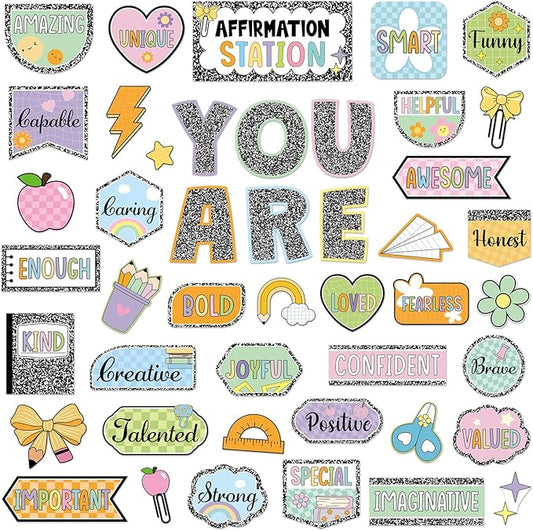45pcs Composition Affirmation Station Bulletin Board Set Motivational Posters Classroom Mirror Growth Mindset Decor Positive Affirmations Accents Cutouts for School Office Home Teacher Wall