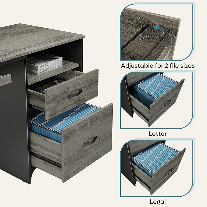 Bestier Office Desk with Drawers, 55 inch Industrial Computer Desk with Storage, Wood Teacher Desk with Keyboard Tray & File Drawer for Home Office, Dark Gray Oak