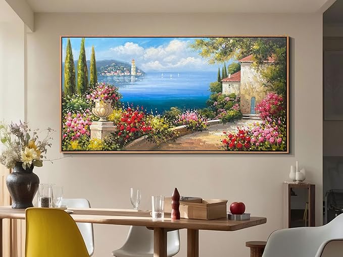 Arjun Large Wood Framed Landscape Wall Art Canvas Living Room Hand Painted, Mediterranean Seascape Painting Bedroom Flower Blue Ocean Picture Artwork Home Office Wall Decor, 48"x24"