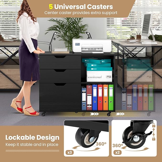 3 Drawer File Cabinet, Wood Lateral Filing Cabinet for Hanging Letter, A4, Legal Size, Rolling Printer Stand with Adjustable Shelf, Under Desk Storage for Home Office (Black)