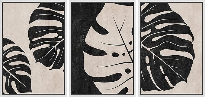 IDEA4WALL Framed Canvas Print Wall Art Set Tan Black Tropical Jungle Safari Monstera Leaves Abstract Shapes Illustrations Modern Art Nordic for Living Room, Bedroom, Office - 24"x36"x3 White