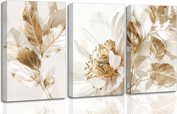 3 Pcs Modern White Floral Golden Leaves Canvas Wall Art Neutral Boho Beige Botanical Painting Pictures Nordic Wall Decor Posters Print Artwork for Bedroom Living room Office Home Decoration