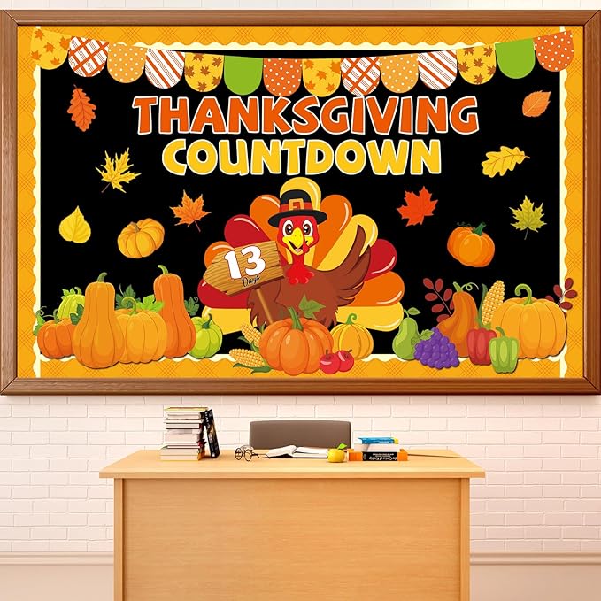 Thanksgiving Countdown Bulletin Board Decorations Fall Thanksgiving Turkey Paper Cutouts Autumn Maple Leaf Pumpkin Classroom Bulletin Board Set for Harvest Party School Chalkboard Wall Decor Supplies