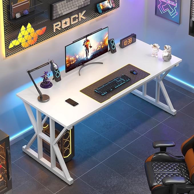 TVU Computer Desk, 55 inch Large Office Desk, Study Writing Table with Thicken Frame, Gaming Desk, Modern Simple Desk for Home Office, White