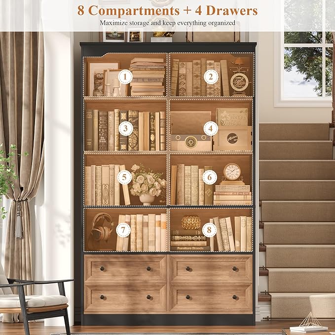 FINETONES 71" Tall Bookshelf with 4 Drawers, 6-Tier Double Wide Bookshelves and Bookcases with Storage, Tall Bookshelf Large Standing Book Cabinet for Home Office, Brown/Black