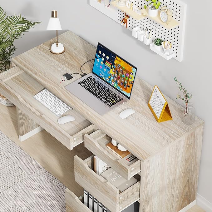 52 Inch Desk with 4 Drawers, Computer Desk with Storage File Drawer for Bedroom, Small Office Desk with Storage for Small Space, Walnut