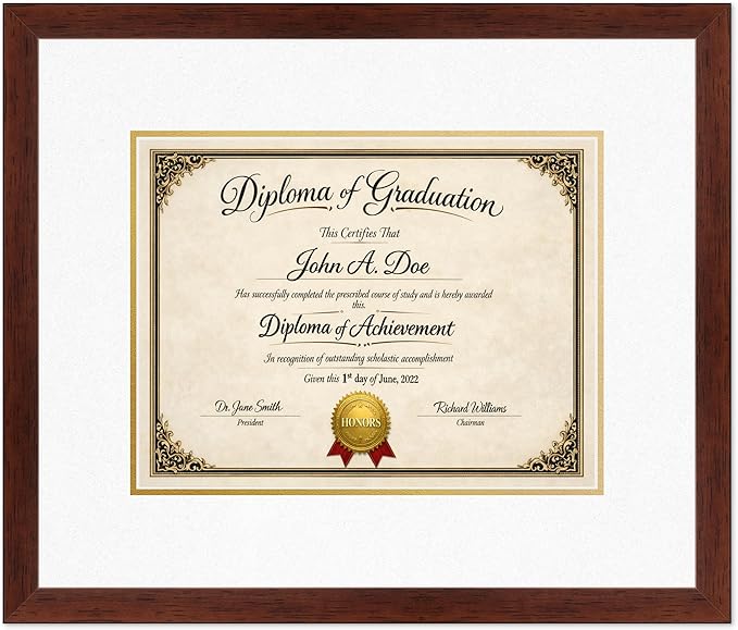 Diploma Frame Rustic Walnut with Oyster Shell Over Gold Double Mat - Fits 13 x 10 College Diploma (Traditional) Wall Display Made in the USA