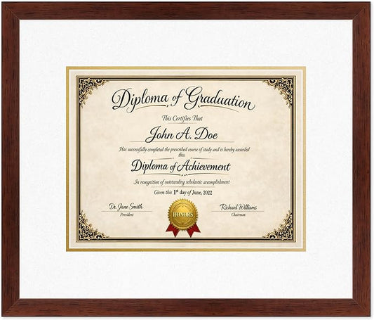 Diploma Frame Rustic Walnut with Oyster Shell Over Gold Double Mat - Fits 13 x 10 College Diploma (Traditional) Wall Display Made in the USA