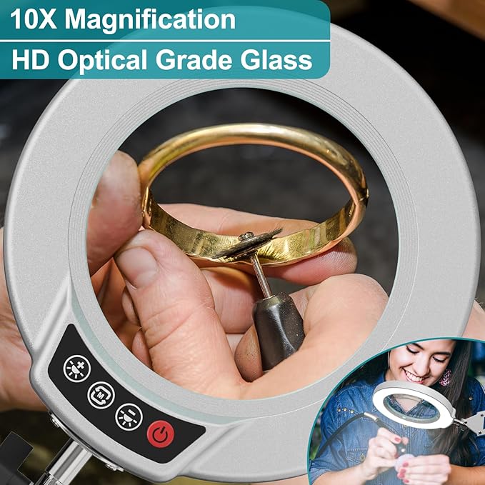 10X Magnifying Glass with Light and Stand, 5 Color Modes, Brightness Stepless Dimmable LED Lighted Magnifier Hands Free, 2-in-1 Desk Lamp & Clamp Light, Magnifier Lamp for Crafts - Silvery