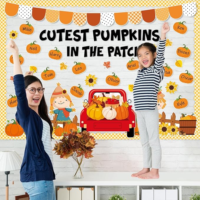 gisgfim Fall Thanksgiving Classroom Bulletin Board Decorations Set Autumn Cutest Pumpkins in The Patch Cutouts Fall Harvest Truck Maple Leaves Bulletin Board Decor for School Home Chalkboard Wall