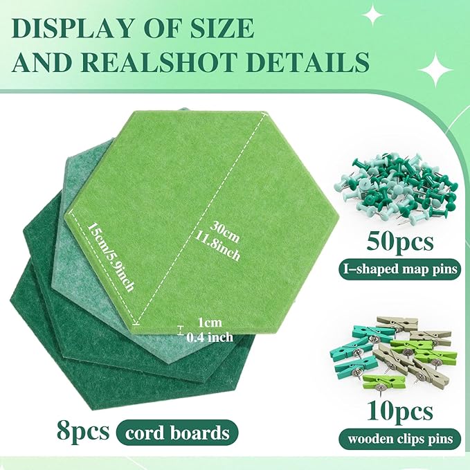 8 Pcs 12" Large Hexagon Felt Cork Bulletin Board Tiles Self Adhesive DIY Pin Board with 50 Push Pins and 10 Colored Clips, Wall Decor for Office Home Kitchen Photos Memos(Green)