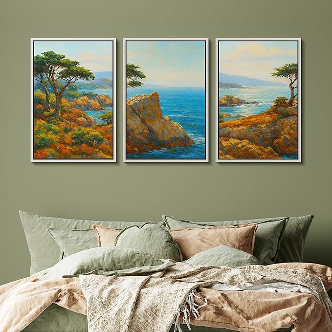 SIGNFORD Framed Wall Art Print Set Bright Coastal Cliffs and Ocean View Vibrant Seascape Digital Art Modern Art Contemporary for Living Room, Bedroom, Office - 16"x24"x3 White