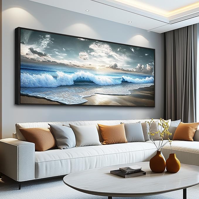 Mhartk66 Beach Framed Wall Art-Extra Large Paintings For Living Room Ocean Canvas Prints Coastal Artwork For Walls Landscape Nature Posters Waves Seascape Pictures Modern Home Decor for Bedroom Office