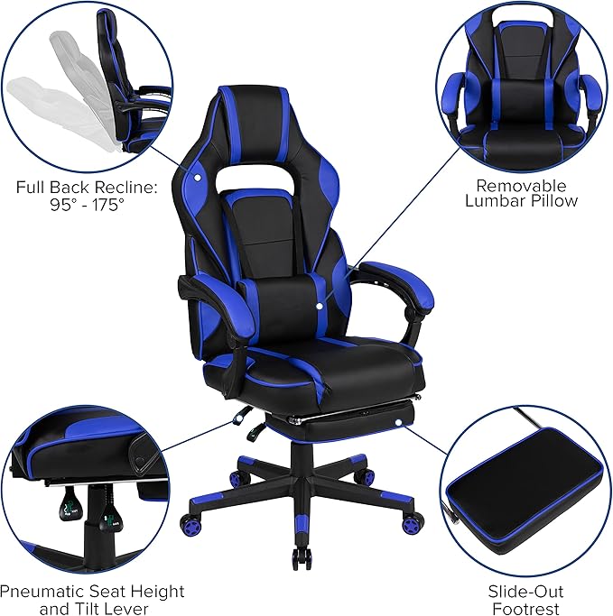 Flash Furniture X40 Gaming Chair Racing Ergonomic Computer Chair with Fully Reclining Back/Arms, Slide-Out Footrest, Massaging Lumbar - Black/Blue