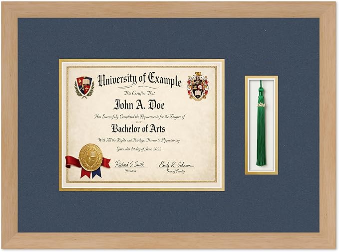 CountryArtHouse Diploma and Tassel Frame Fits 10 x 8 Professional License with Tassel Hook Natural Wood Genuine Hardwood Shadowbox with Navy Blue Over Metallic Gold Double mat
