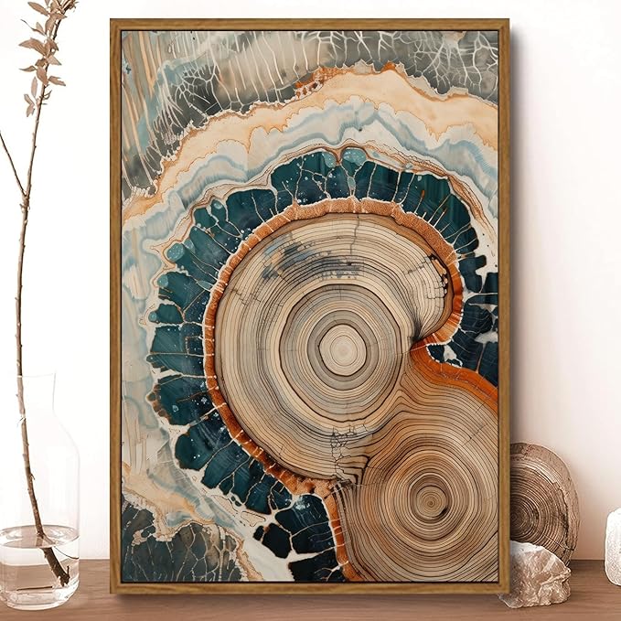 IBHJSART Framed Tree Ring Canvas Wall Art Vintage Colorful Wood Stump Painting Prints Modern Minimalist Pictures Neutral Nature Rustic Farmhouse Decor Living Room Bedroom Bathroom Office