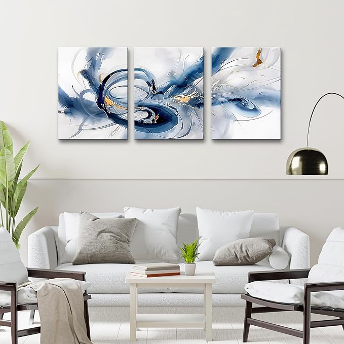 TTHYUEWS Abstract Minimalist Art - Large Canvas Wall Art for Living Room, Bedroom & Office - Blue Ink Paintings - 3 Pieces