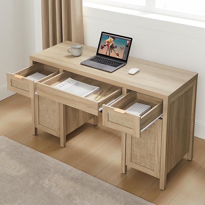 SICOTAS Rattan Executive Desk with Storage - Larger Home Office Desk with Drawers and Cabinets, Farmhouse Boho Computer Table Vanity Desk for Study, Office, Living Room, Light Oak (2 Pieces)