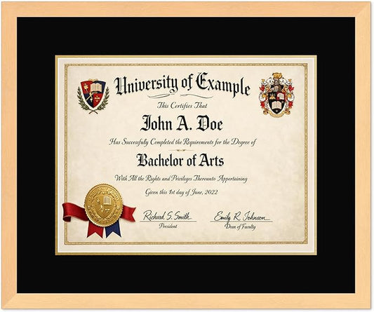 CountryArtHouse Diploma Frame Fits 17 x 13 International Diploma - Keepsake Graduation Display Natural Wood Genuine Hardwood with Black Over Metallic Gold Double mat