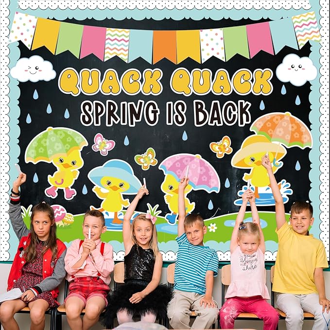 AnyDesign 90 Pcs Spring Duck Bulletin Board Decoration Rubber Duck Quack Spring is Back Paper Cutouts with 150 Pcs Glue Points for Holiday Party Classroom Wall Decor