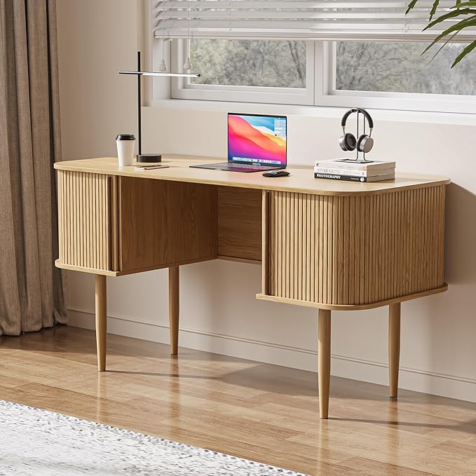 55" Modern Writing Desk with Storage, Wood Home Office Desk with Sliding Doors, Computer Desk for Home Office, Dorm, Living Room, Home Study Table, Natural