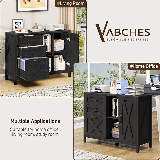 Vabches Lateral File Cabinet, Farmhouse 3 Drawer File Cabinet with Open Storage Shelf for Letter/Legal/A4 Size Hanging Files, Large Wood Storage Cabinets Printer Stand for Home Office, Black