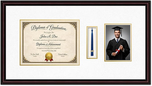 Diploma Tassel and Photo Frame Executive Brown Shadowbox Oyster Shell Over Gold Mat - Fits 11 x 8.5 Degree Picture Made in the USA