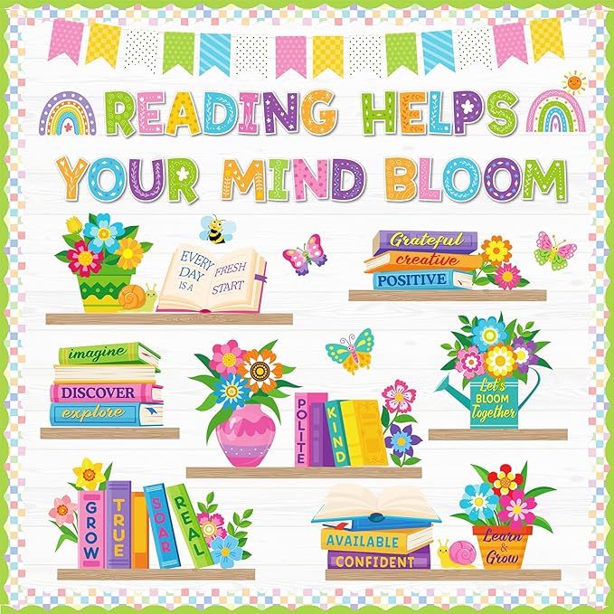 Pasimy Spring Reading Bulletin Board Set, Flower Plant Bookshelf Classroom Decorations Read Themed Paper Cutouts Words of Wisdom Bulletin Board Decor for Elementary School Library Chalkboard Wall