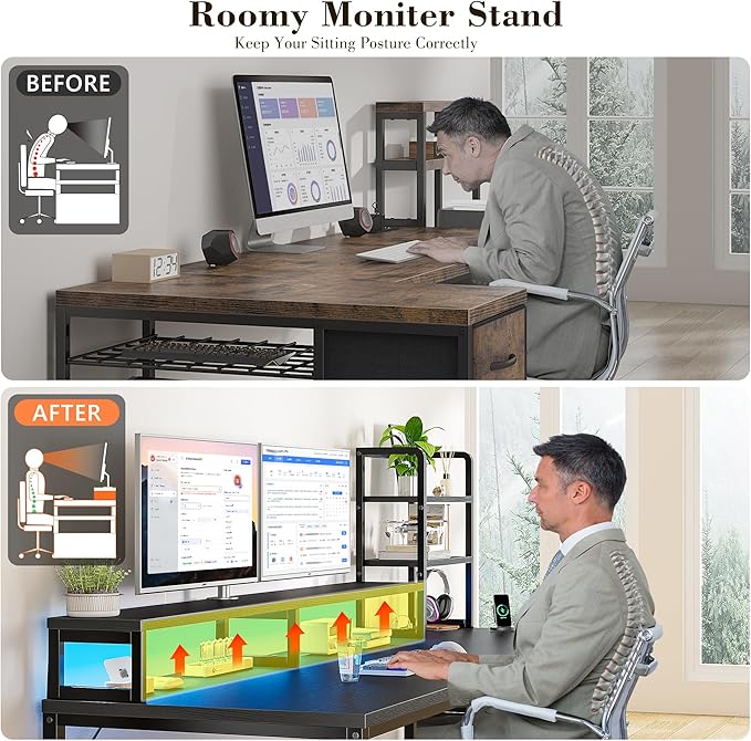 EnHomee 55 Inch Gaming Desk with Hutch and Drawers,Reversible Computer Desk with Monitor Shelf,Home Office Desks with USB Power Outlets and Storage,Pc Work Desk for Office with LED Lights,Black