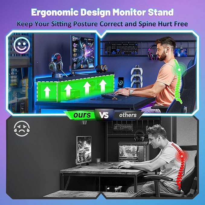 63.5" L Shaped Gaming Desk with LED Lights & Power Outlets, Computer Desk with Shelves & Hooks & Monitor Stand and Printer Space for Home Office, Corner Desk of Study Room, Bedroom, Black