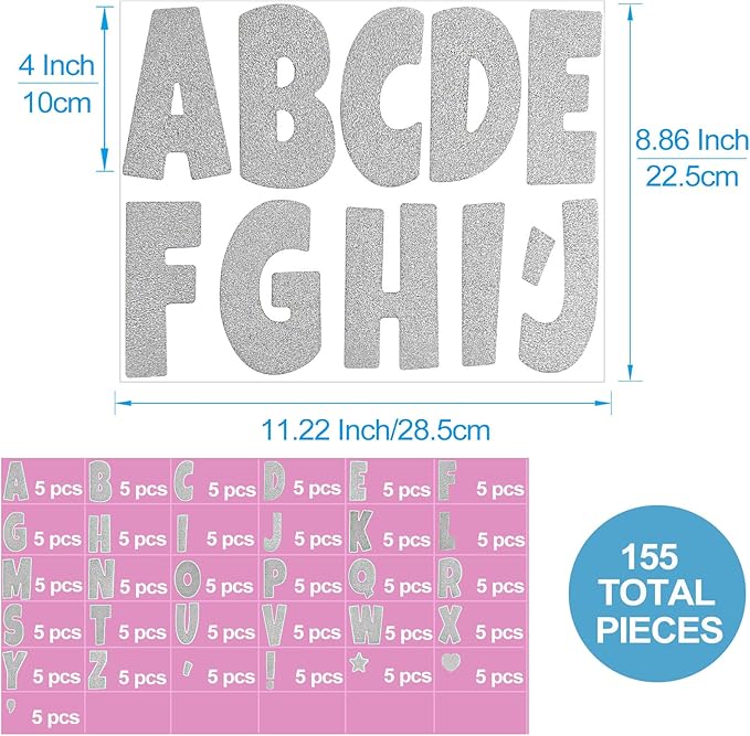 Glitter Bulletin Board Letters for Classroom Alphabet Poster Board Letters for Bulletin Board Display Home School Classroom Decor(Silver,4 Inch)