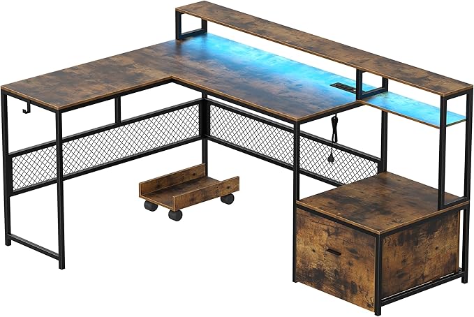 L Shaped Desk with Drawers, 66" Home Office Desk with Power Outlet and Led Strip, Computer Desk with Storage Shelves & Monitor Stand, Large Corner Desk Gaming Desk, Rustic Brown