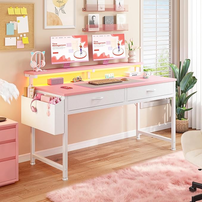 47.3 Inch Office Computer Desk with LED Lights & 2 Fabric Drawers, Gaming Desk with Side Pocket & Ergonomic Monitor Stand, Small Space Study Writing Table with Anti-Tip Design,Pink